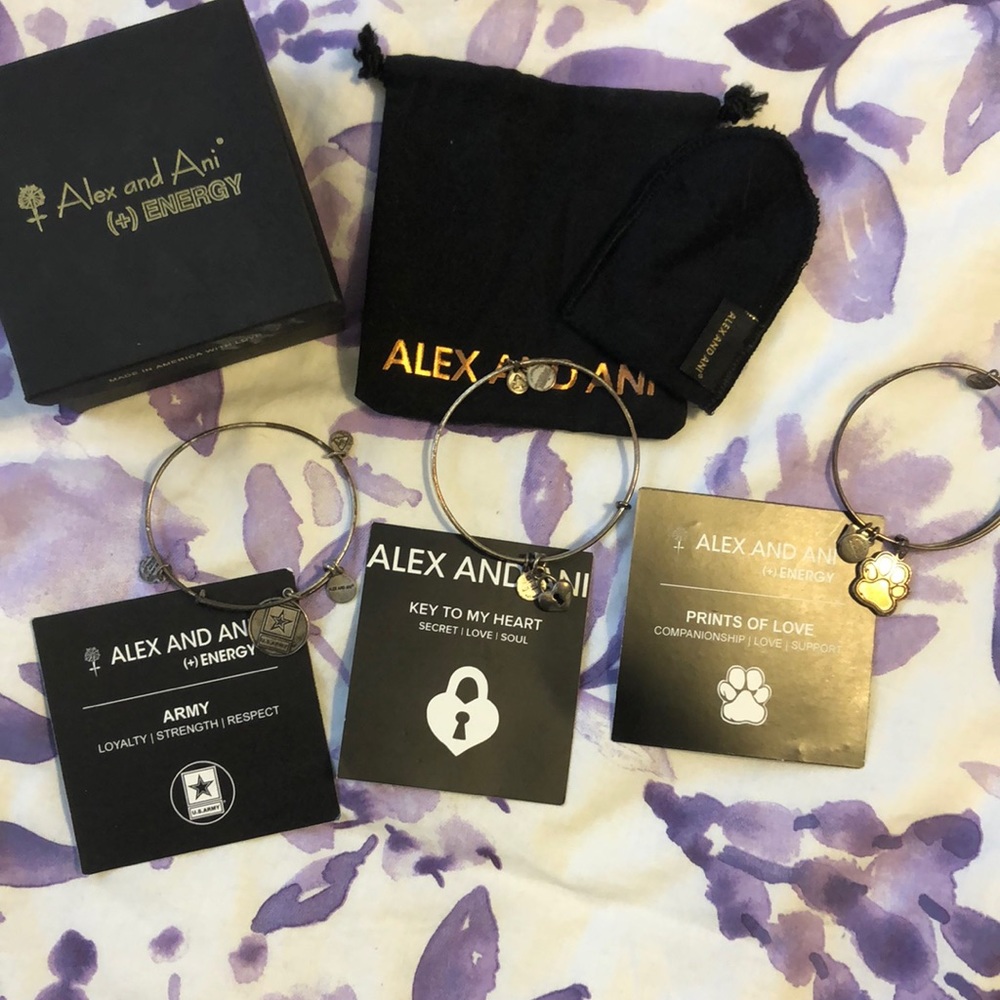 3 silver Alex and ani bracelets- Army, key to my heart, paw print